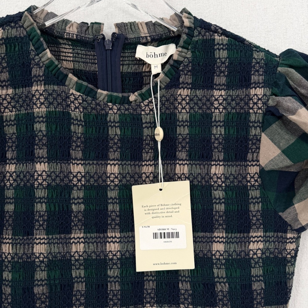 BOHME Emmett Plaid Mini Dress Women Medium Navy Green Smocked Puff Sleeve Tiered - Picture 10 of 16